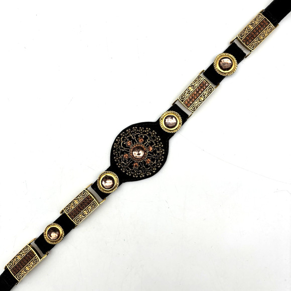 Vintage 80s Ames 9845 Black Suede Gold Medallion Rhinestone Waist Belt L 34\